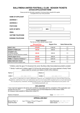 Ballymena United Football Club - Season Tickets 2019/20 Application Form
