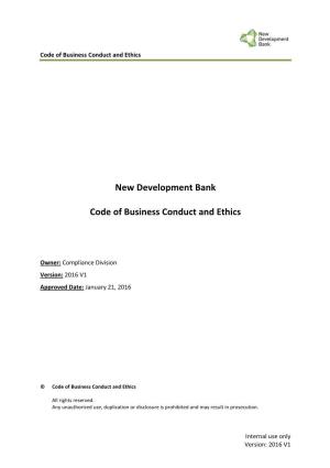 New Development Bank Code of Business Conduct and Ethics