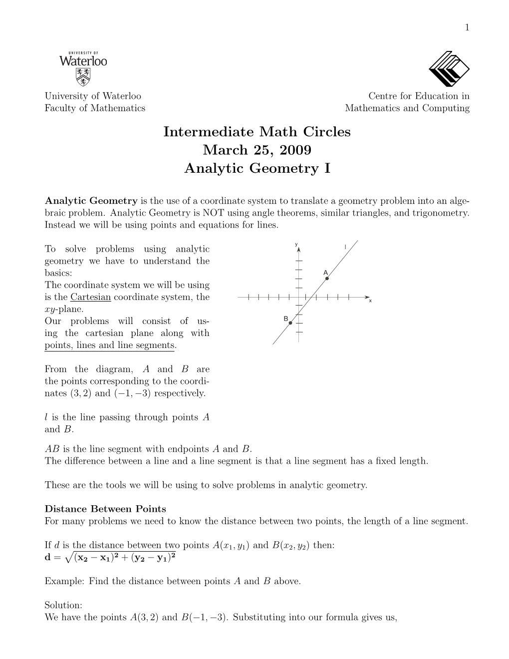 Intermediate Math Circles March 25, 2009 Analytic Geometry I