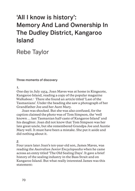 Memory and Land Ownership in the Dudley District, Kangaroo Island Rebe Taylor