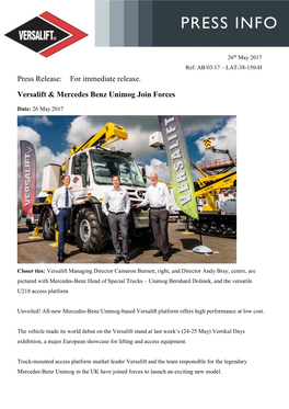For Immediate Release. Versalift & Mercedes Benz Unimog Join Forces