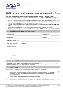 Private Candidate Coursework Information Form Candidate