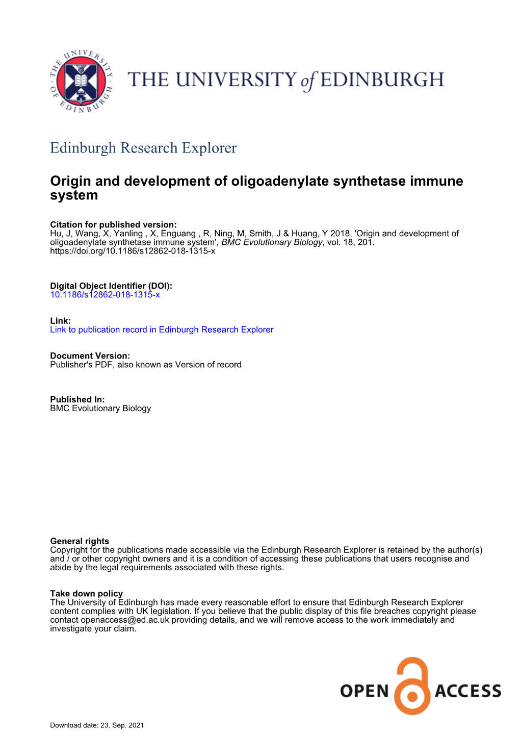 Origin and Development of Oligoadenylate Synthetase Immune System