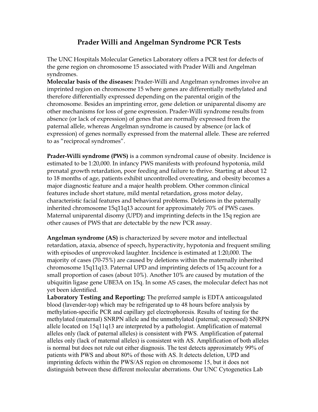 Prader Willi and Angelman Syndrome PCR Tests