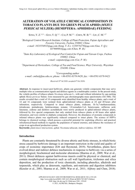 Alteration of Volatile Chemical Composition in Tobacco Plants Due to Green Peach Aphid (Myzus Persicae Sulzer) (Hemiptera: Aphididae) Feeding