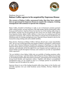 Balzac Coffee Agrees to Be Acquired by Espresso House