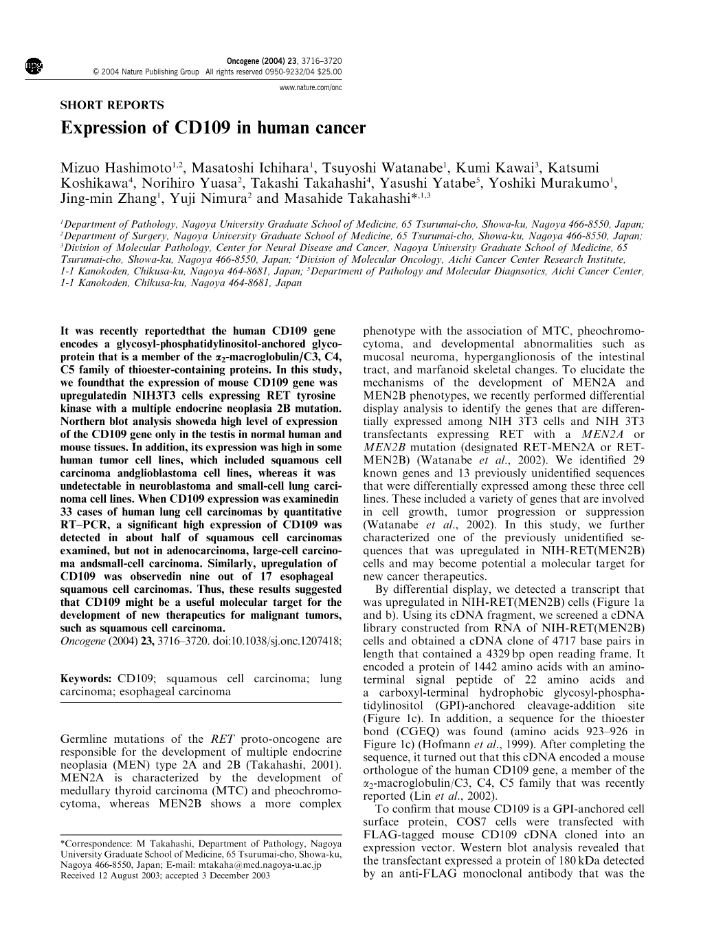 Expression of CD109 in Human Cancer