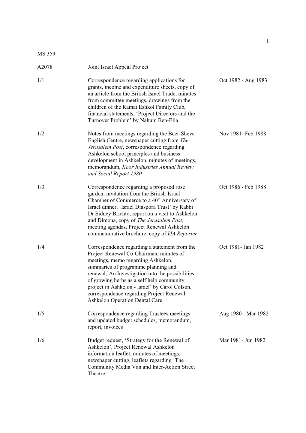 1 MS 359 A2078 Joint Israel Appeal Project 1/1 Correspondence Regarding Applications for Grants, Income and Expenditure Sheets