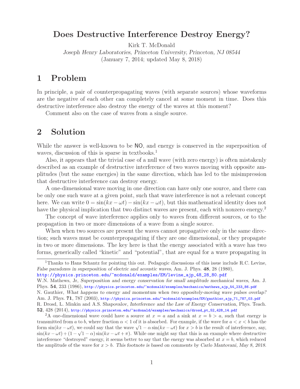 Does Destructive Interference Destroy Energy? 1 Problem 2 Solution