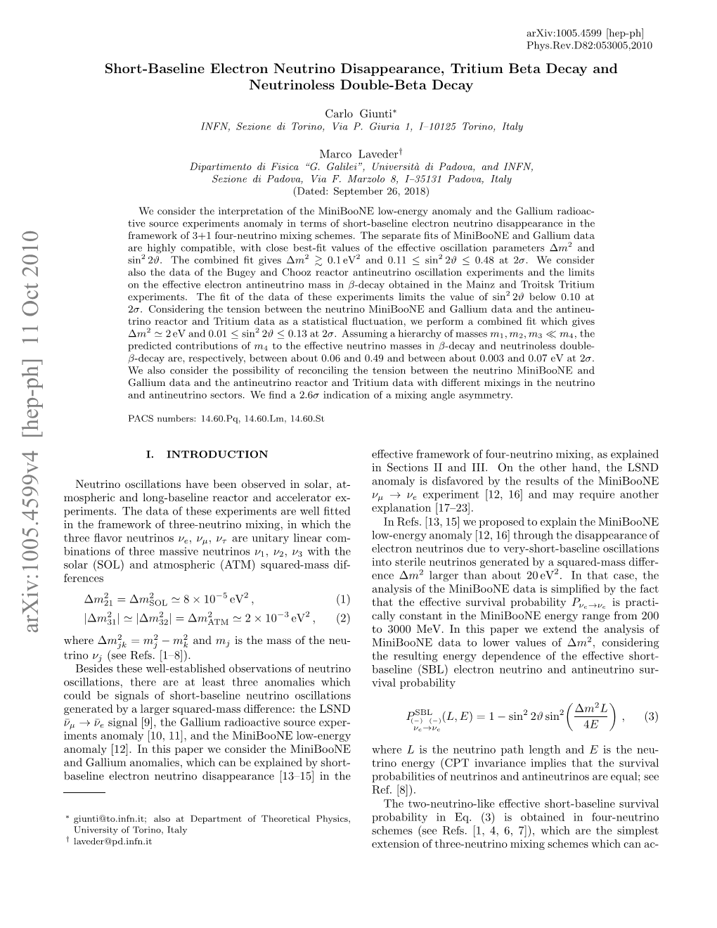 Short-Baseline Electron Neutrino Disappearance, Tritium Beta Decay