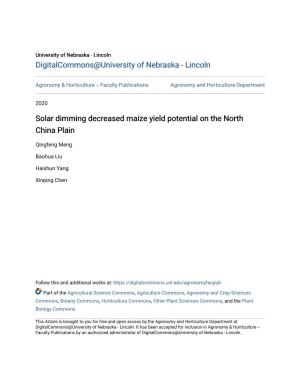 Solar Dimming Decreased Maize Yield Potential on the North China Plain