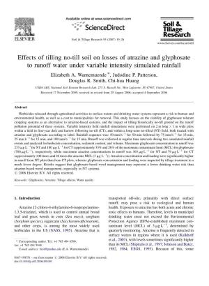Effects of Tilling No-Till Soil on Losses of Atrazine and Glyphosate to Runoff Water Under Variable Intensity Simulated Rainfall Elizabeth A