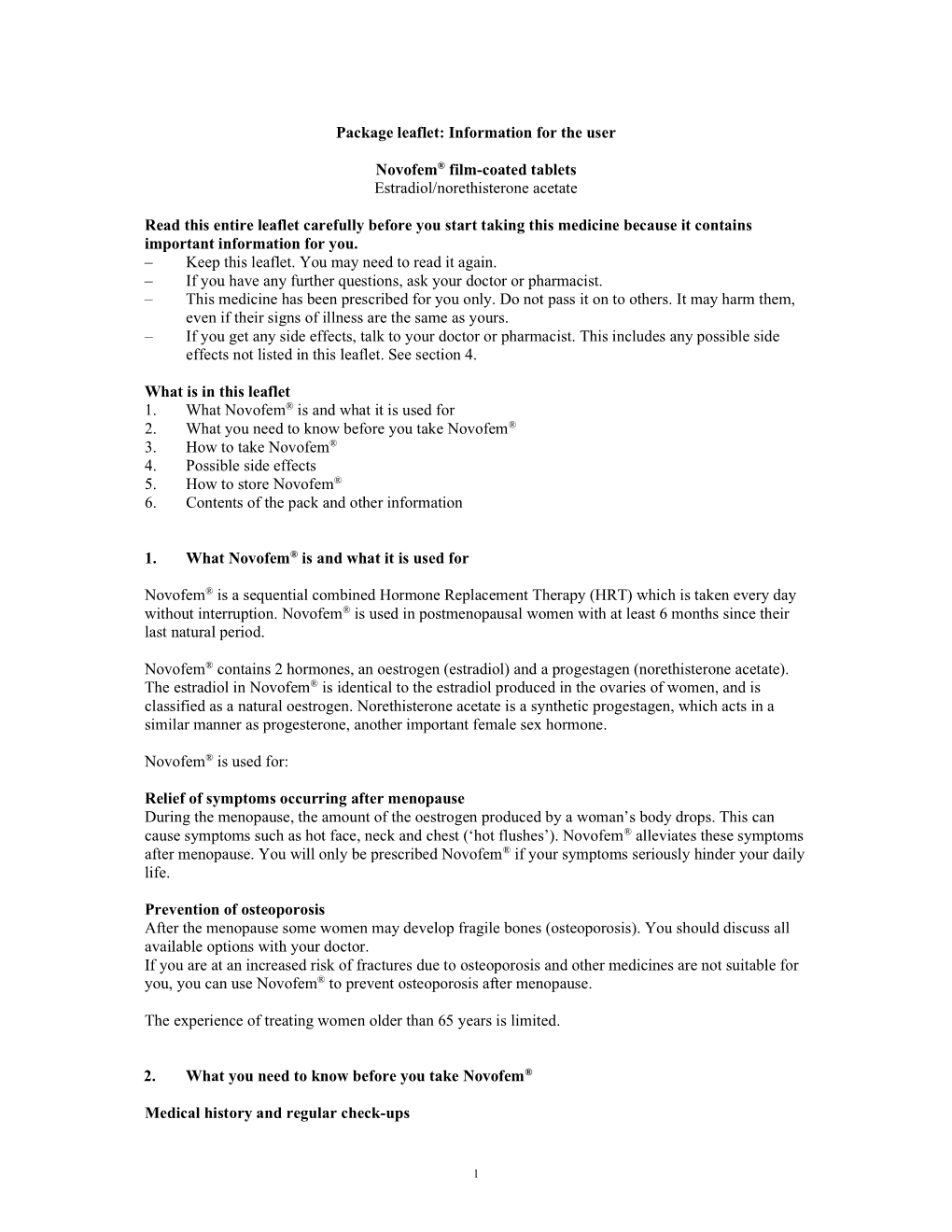 Information for the User Novofem® Film-Coated Tablets Estradiol