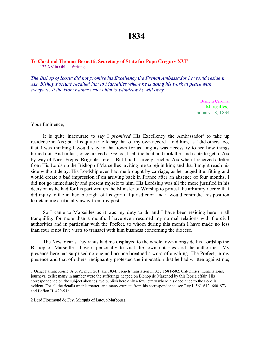 To Cardinal Thomas Bernetti, Secretary of State for Pope Gregory XVI 1