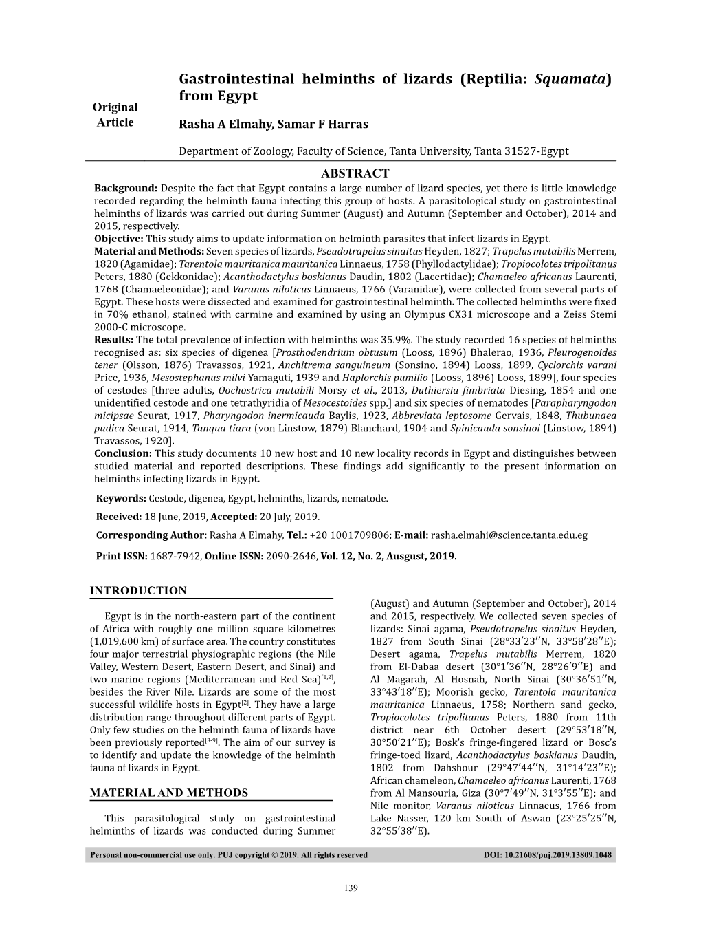 Gastrointestinal Helminths of Lizards (Reptilia: Squamata) from Egypt Original Article Rasha a Elmahy, Samar F Harras