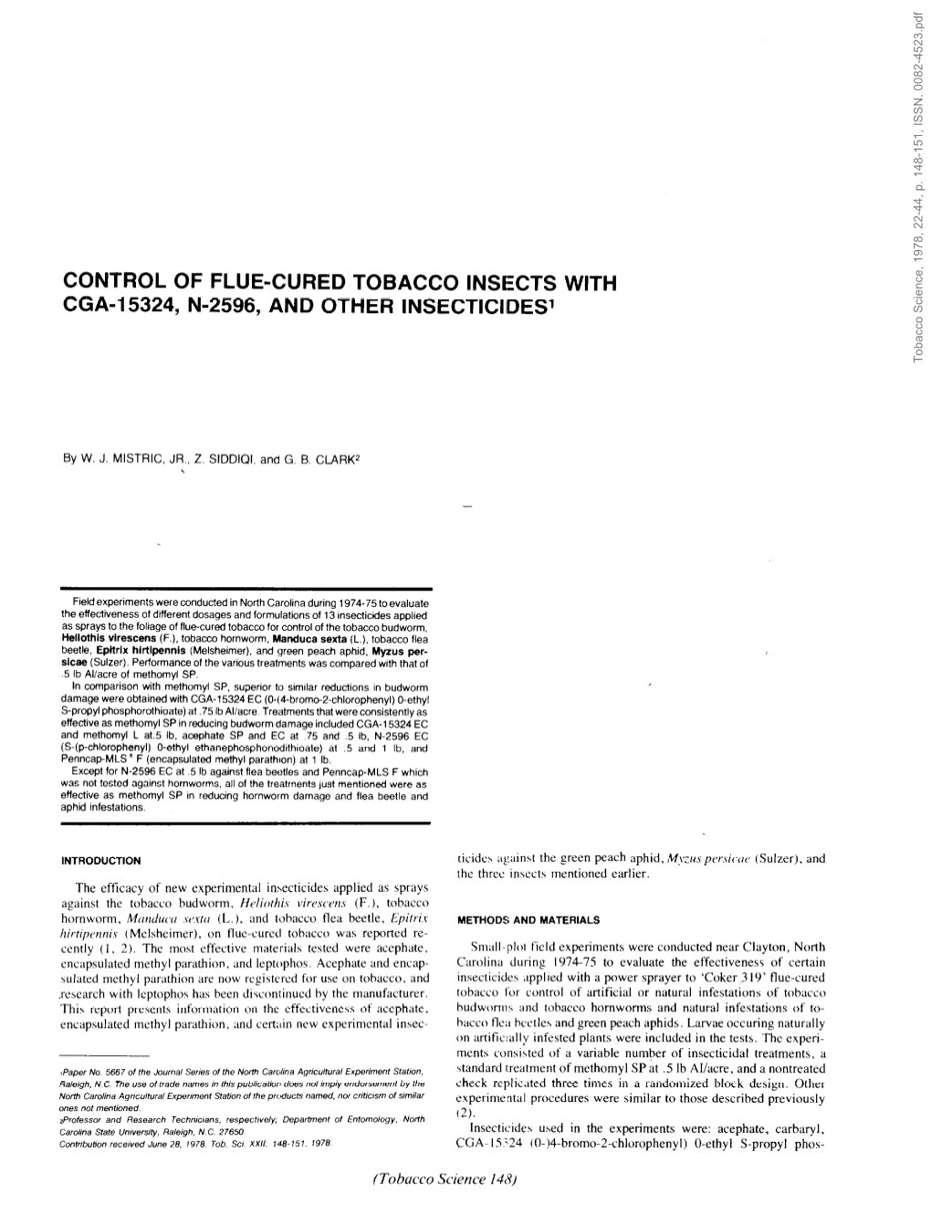 Control of Flue-Cured Tobacco Insects with CGA-15324, N