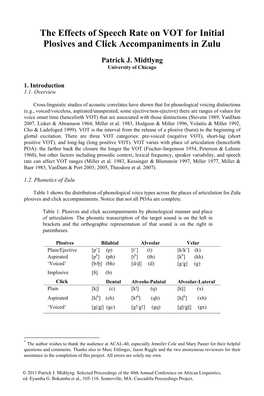 The Effects of Speech Rate on VOT for Initial Plosives and Click Accompaniments in Zulu