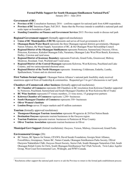 Formal Public Support for South Okanagan-Similkameen National Park1 January 2011 – June 2016