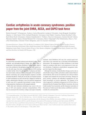 Cardiac Arrhythmias in Acute Coronary Syndromes: Position Paper from the Joint EHRA, ACCA, and EAPCI Task Force