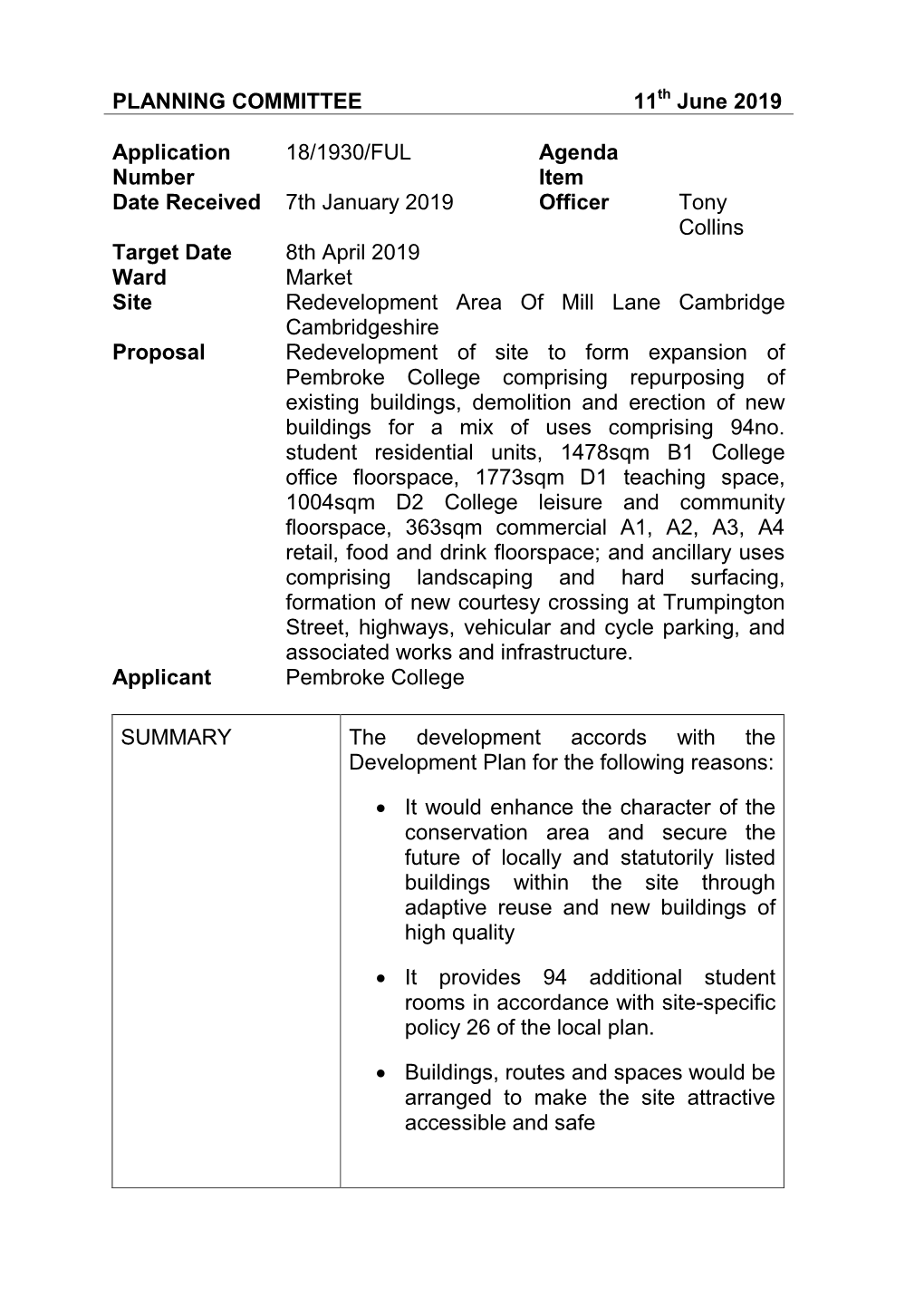 PLANNING COMMITTEE 11 June 2019 Application Number 18/1930