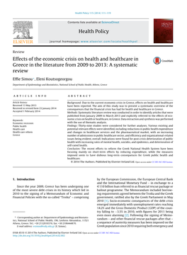 Effects of the Economic Crisis on Health and Healthcare In