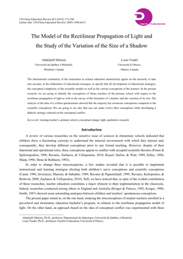 The Model of the Rectilinear Propagation of Light and the Study of the Variation of the Size of a Shadow