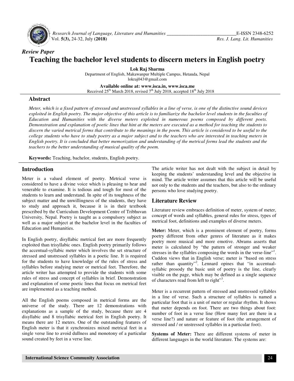 Teaching the Bachelor Level Students Bachelor Level Students to Discern Meters in English Poetr Meters in English Poetry