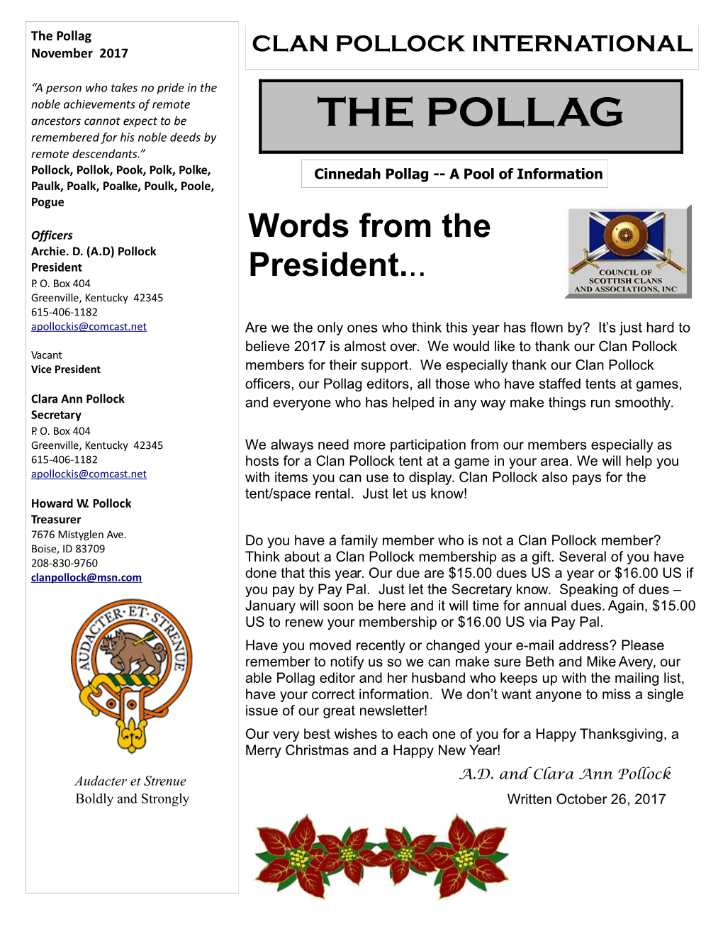 The Pollag November 2017 CLAN POLLOCK INTERNATIONAL