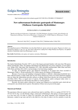 New Subterranean Freshwater Gastropods of Montenegro (Mollusca: Gastropoda: Hydrobiidae)