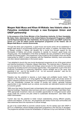 Maqam Nabi Musa and Khan Al-Wakala: Two Historic Sites in Palestine Revitalized Through a New European Union and UNDP Partnership