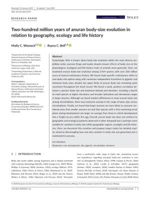 Two‐Hundred Million Years of Anuran Body‐Size Evolution in Relation to Geography, Ecology and Life History