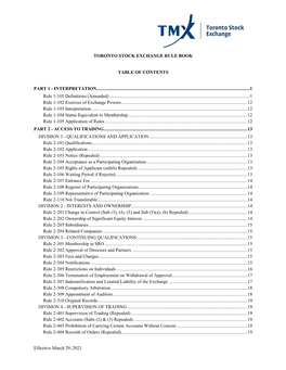 Effective March 29, 2021 TORONTO STOCK EXCHANGE RULE BOOK