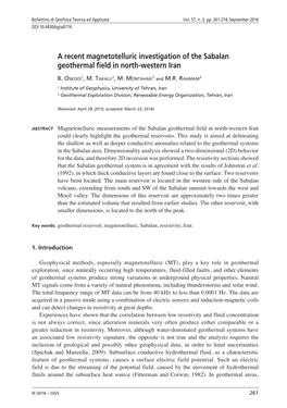 A Recent Magnetotelluric Investigation of the Sabalan Geothermal Field in North-Western Iran