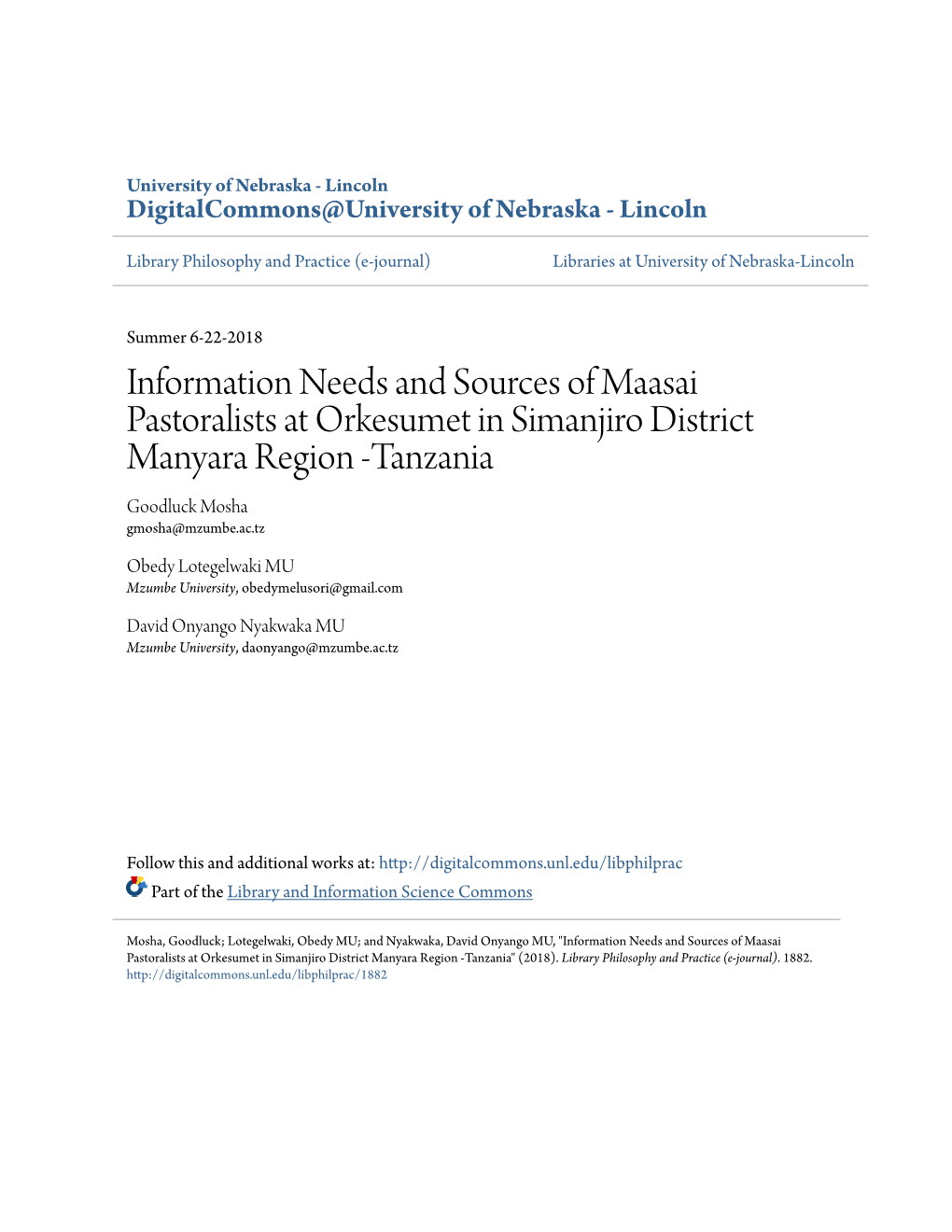 Information Needs and Sources of Maasai Pastoralists at Orkesumet in Simanjiro District Manyara Region -Tanzania Goodluck Mosha Gmosha@Mzumbe.Ac.Tz