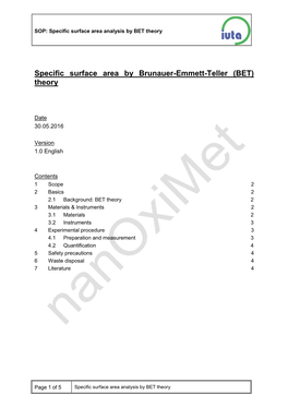 Specific Surface Area by Brunauer-Emmett-Teller (BET) Theory