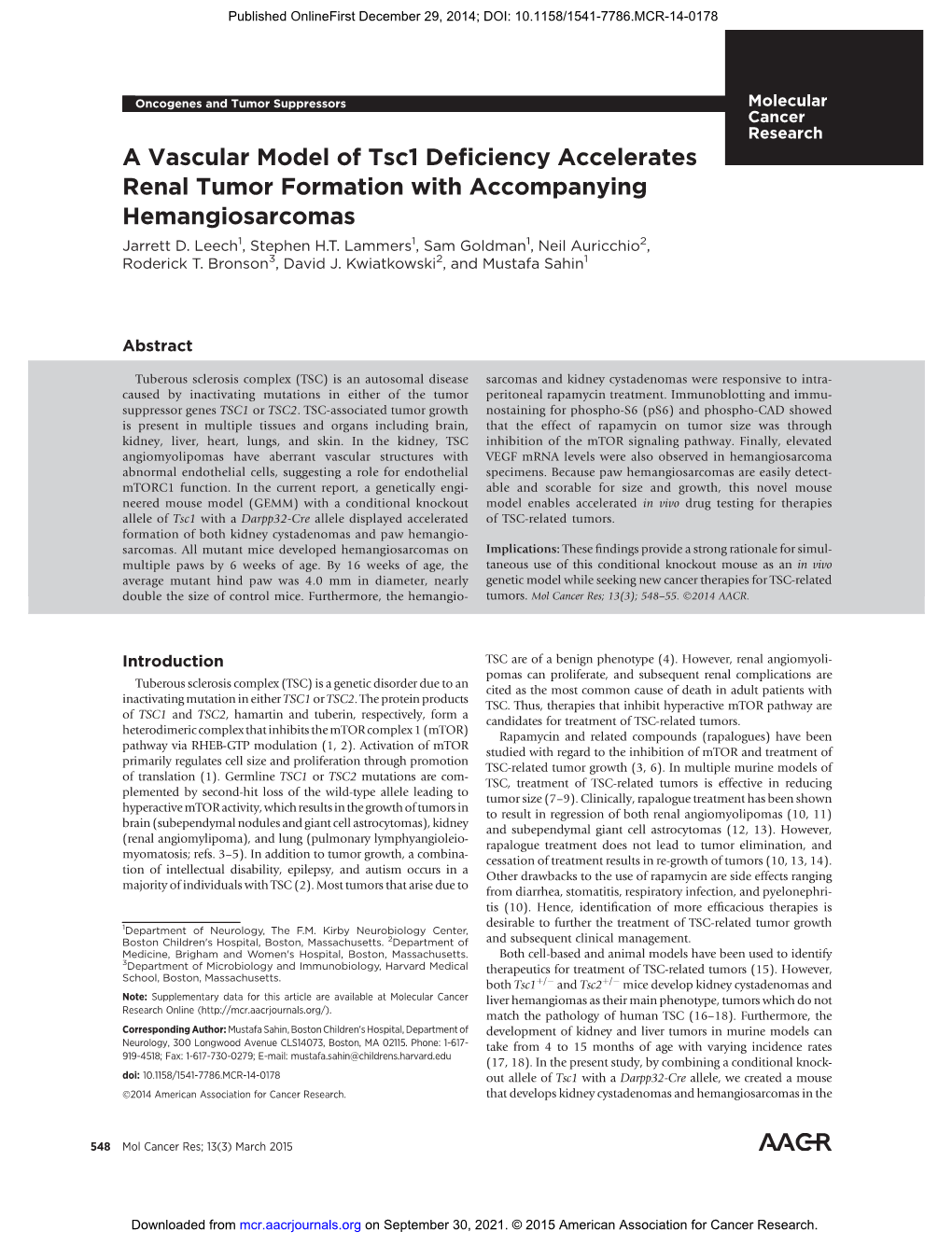 A Vascular Model of Tsc1 Deficiency Accelerates Renal Tumor Formation with Accompanying Hemangiosarcomas