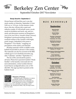 Berkeley Zen Center September-October 2017 Newsletter