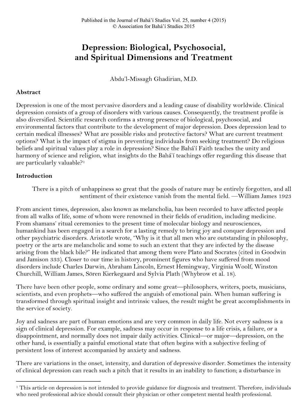 Depression: Biological, Psychosocial, and Spiritual Dimensions and Treatment