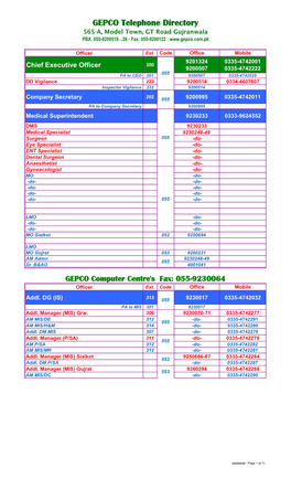GEPCO Telephone Directory 565-A, Model Town, GT Road Gujranwala PBX: 055-9200519…26 - Fax: 055-9200122