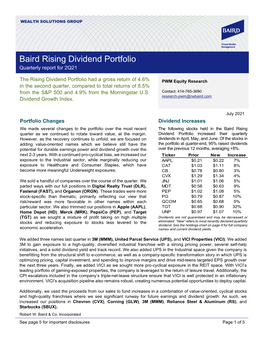 Baird Rising Dividend Portfolio Quarterly Report for 2Q21