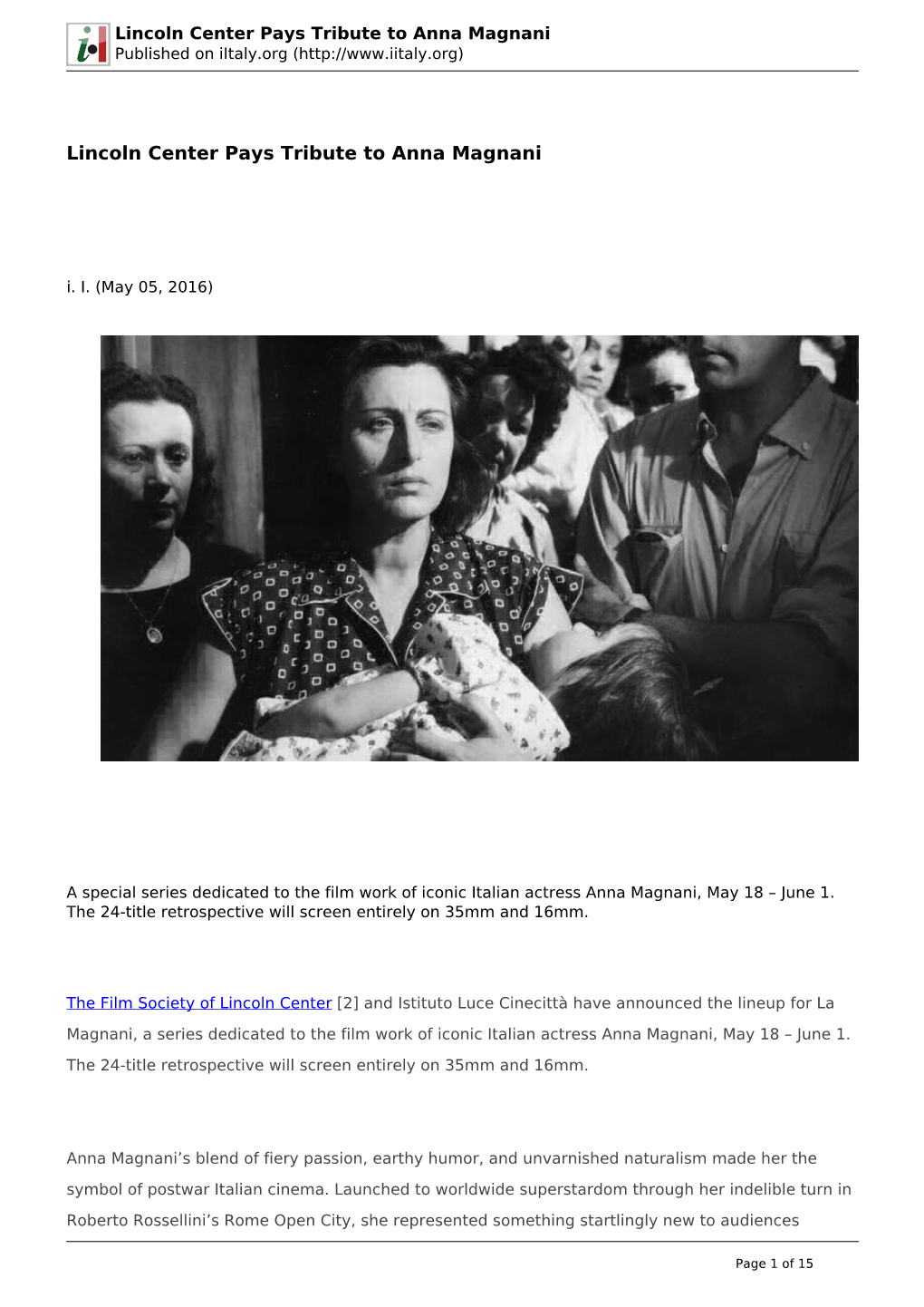 Lincoln Center Pays Tribute to Anna Magnani Published on Iitaly.Org (