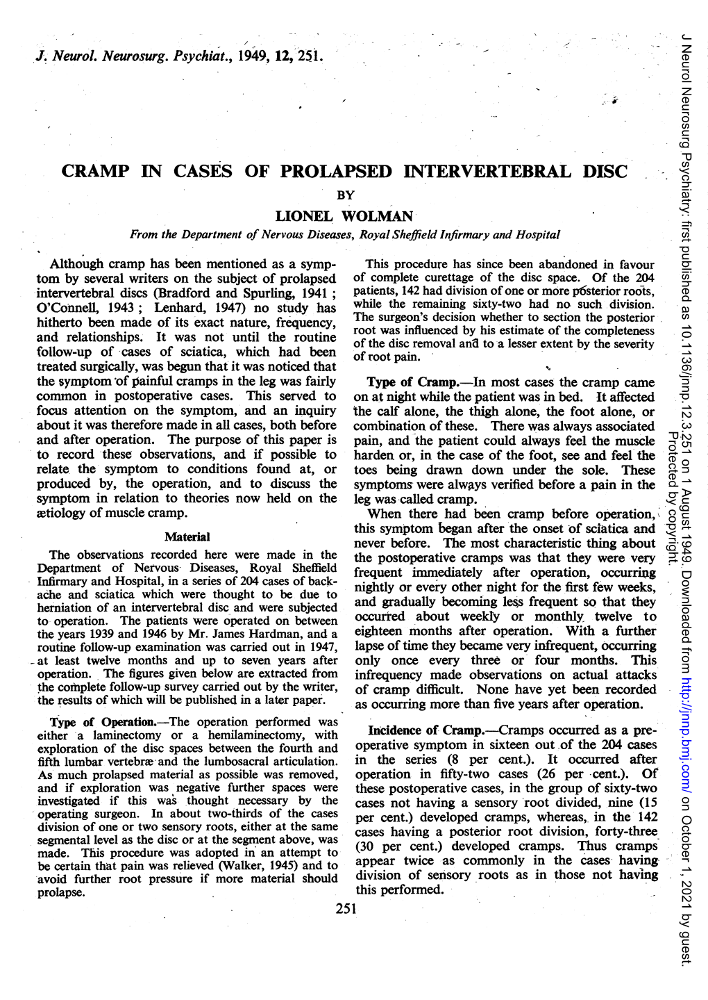 Cramp in Cases of Prolapsed Intervertebral Disc