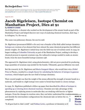 Jacob Bigeleisen, Isotope Chemist on Manhattan Project, Dies at 91