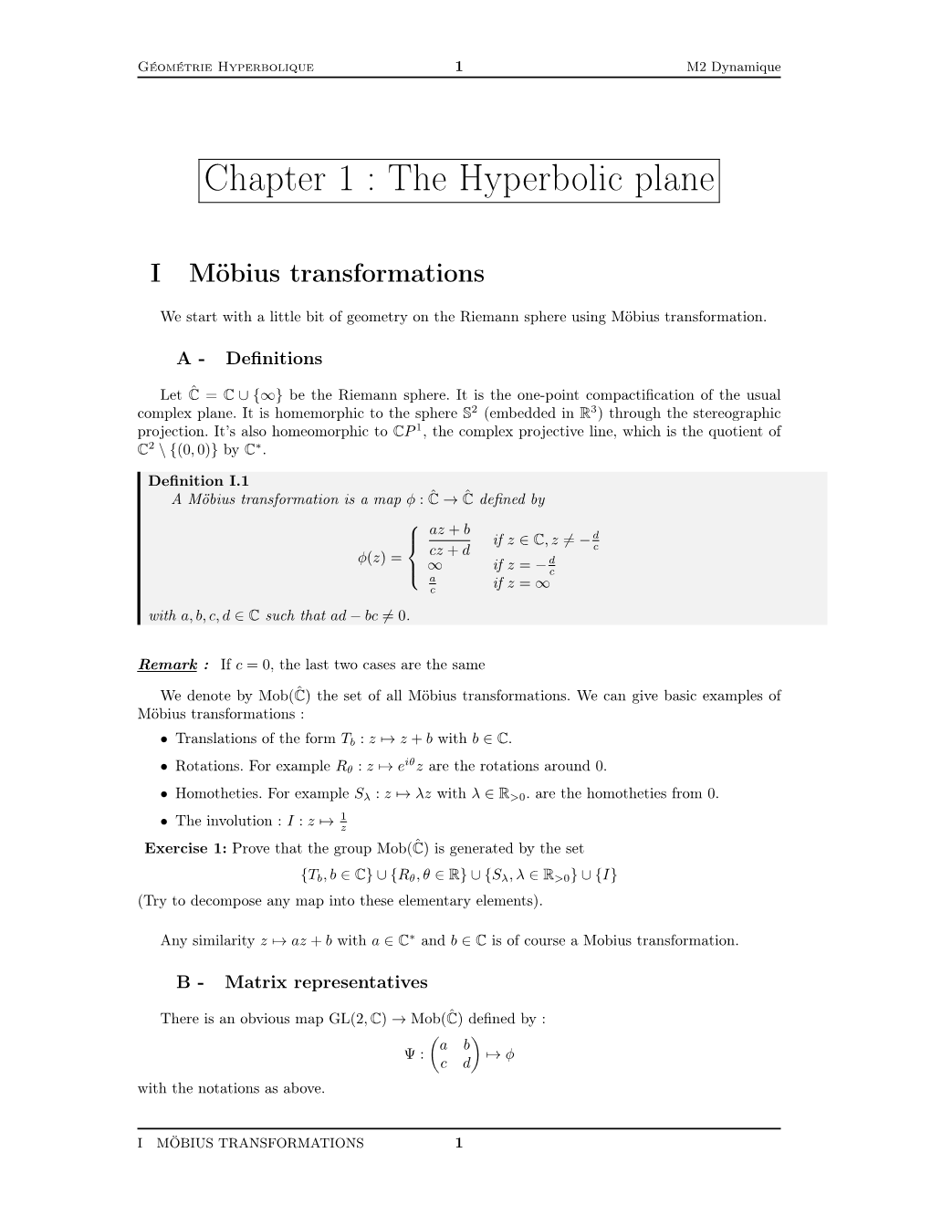 Chapter 1 : the Hyperbolic Plane