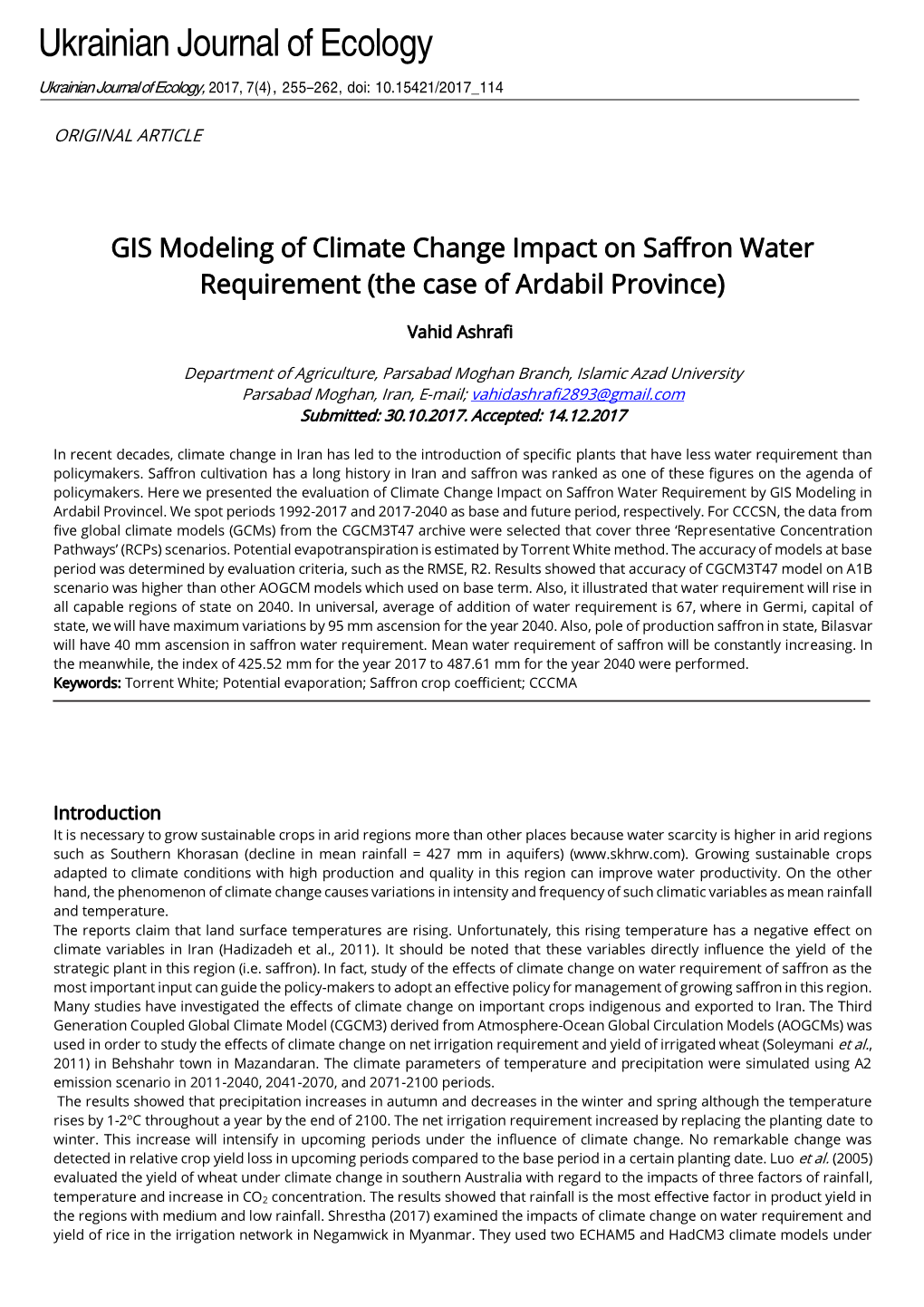 GIS Modeling of Climate Change Impact on Saffron Water Requirement (The Case of Ardabil Province)