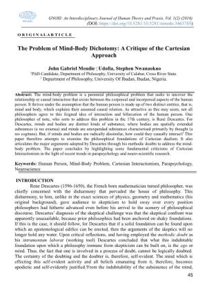 The Problem of Mind-Body Dichotomy: a Critique of the Cartesian Approach