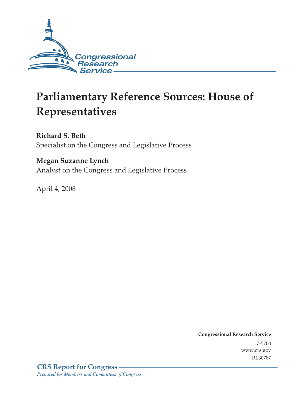 Parliamentary Reference Sources: House of Representatives