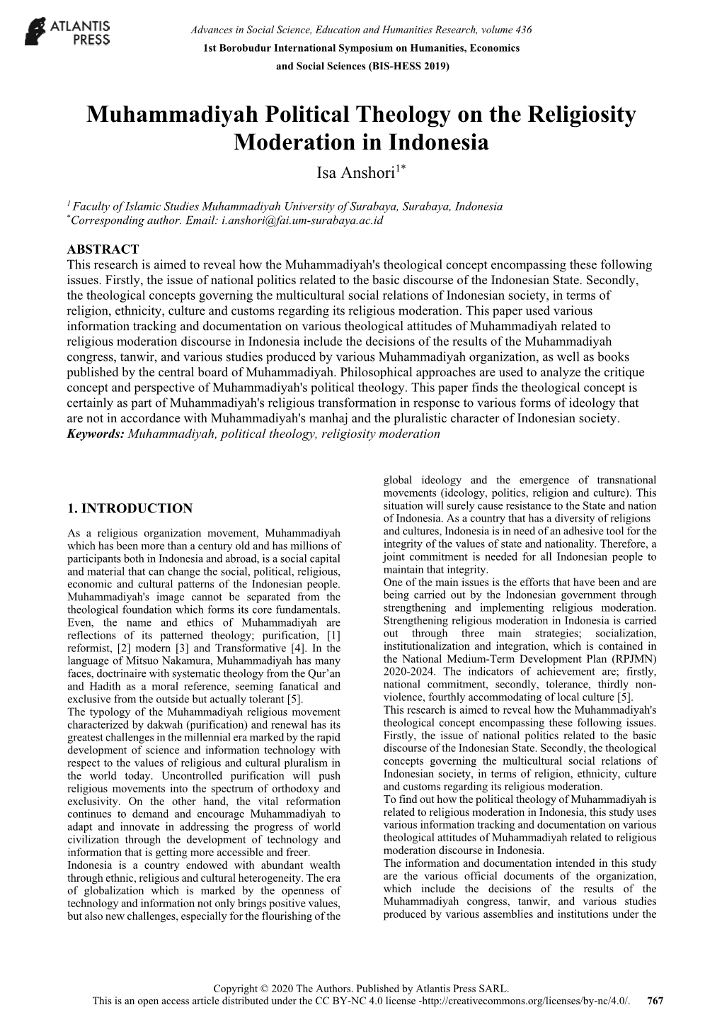 Muhammadiyah Political Theology on the Religiosity Moderation in Indonesia Isa Anshori1*