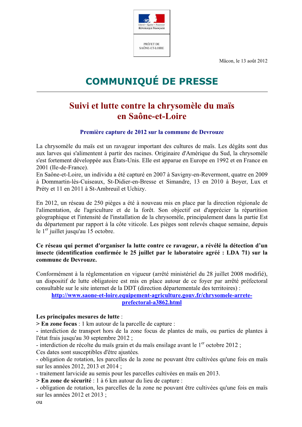 COMMUNIQUÉ DE PRESSE Suivi Et Lutte Contre La Chrysomèle Du Maïs En Saône-Et-Loire