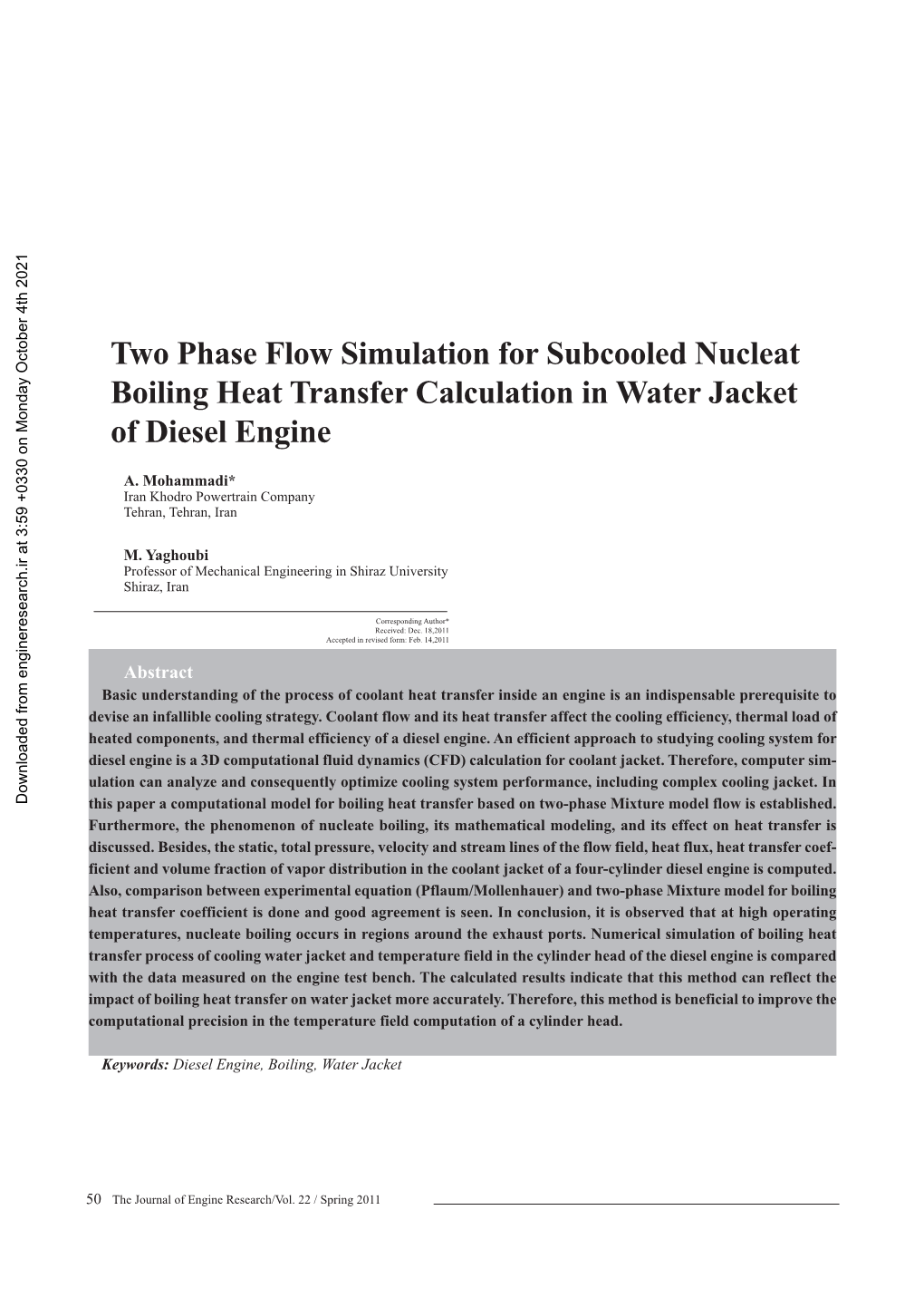 Two Phase Flow Simulation for Subcooled Nucleat Boiling Heat Transfer Calculation in Water Jacket of Diesel Engine